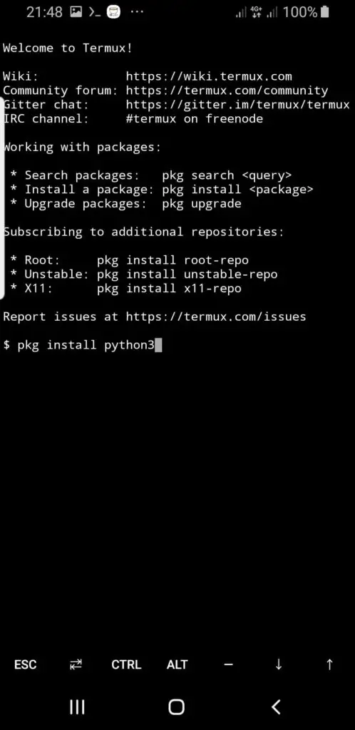 Installing Python 3 on mobile phone using Termux pkg command