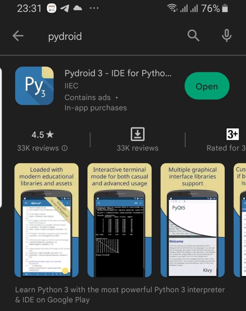 Search and install Pydroid app on Google Play Store