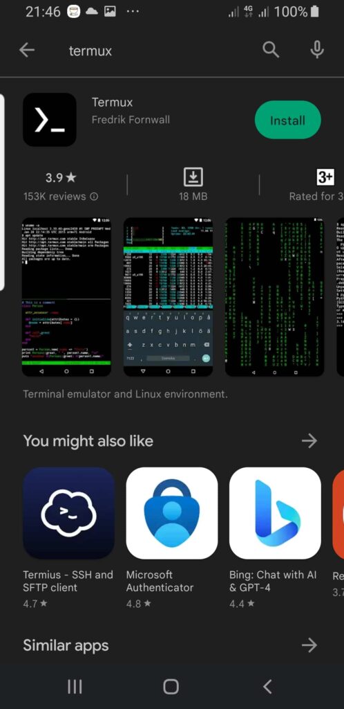 Search and install termux app on Google play store