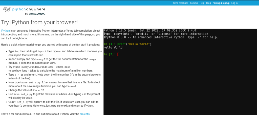 Using Pythonanywhere interactive IPython to run Python scripts on a mobile browser
